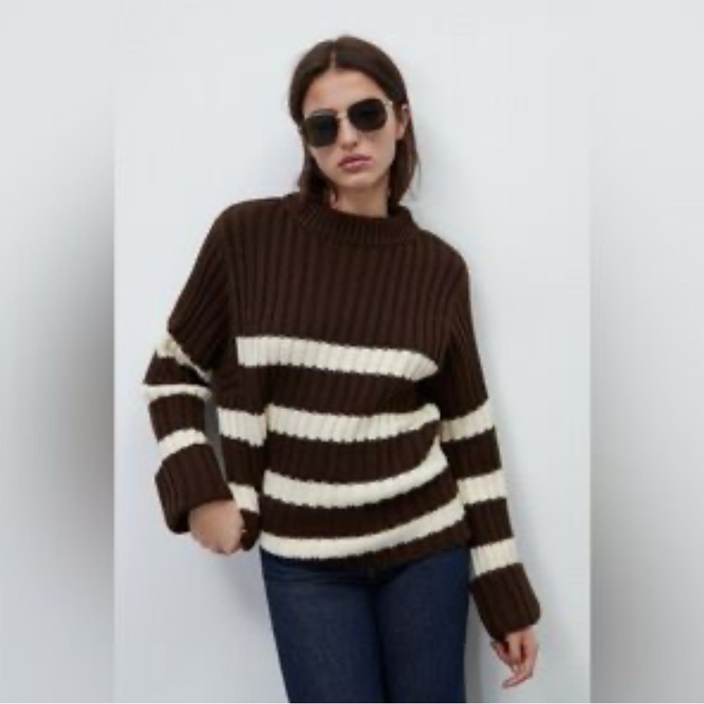 Zara Brown and Cream Striped Long Sleeve Crewneck thick Ribbed Sweater EUC - Picture 1 of 7